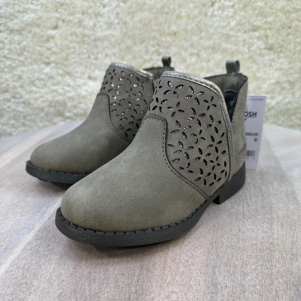 OshKosh B'gosh Estell Toddler Girls Taupe Glitter Floral Ankle Boots Size 8M